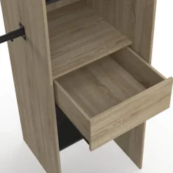 Dressing d'angle extensible bois effet hêtre avec 4 penderies + 12 étagères + 3 tiroirs et rideaux noirs