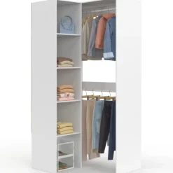 Dressing d'angle modulable L. 90 / 127 cm double penderie + étagères blanc