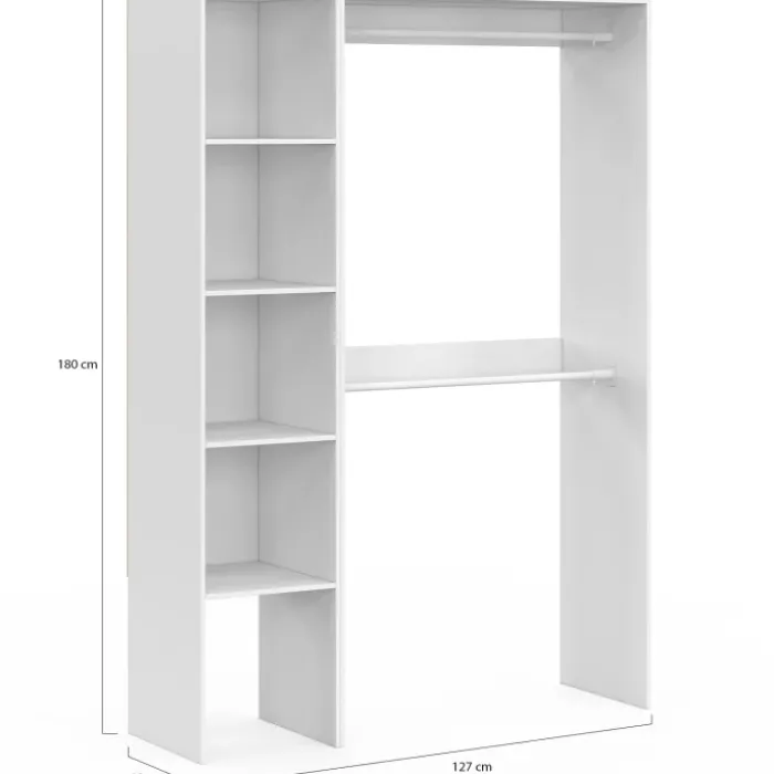 Dressing d'angle modulable L. 90 / 127 cm double penderie + étagères blanc
