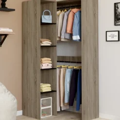 Dressing d’angle modulable de L. 90/127 cm avec double penderie et étagères