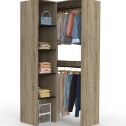 Dressing d’angle modulable de L. 90/127 cm avec double penderie et étagères
