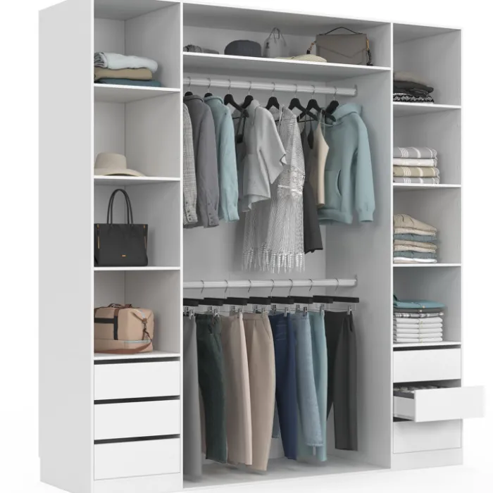 Dressing double 185 x 55 x 200 cm avec étagères + double penderie + 6 tiroirs blanc