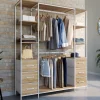 Dressing double penderie ouvert 140 cm 6 étagères et 6 bacs en tissu bois et blanc