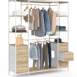 Dressing double penderie ouvert 140 cm 6 étagères et 6 bacs en tissu bois et blanc
