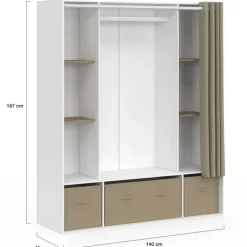 Dressing double penderie 140 x 45 x 167 cm blanc avec étagères + boites de rangement + rideau taupe