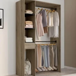 Dressing double penderie L. 110 cm avec étagères + tiroir + rangements à chaussures hêtre et noir