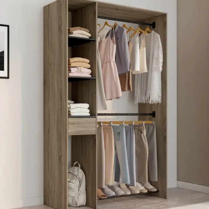 Dressing double penderie L. 110 cm avec étagères + tiroir + rangements à chaussures hêtre et noir