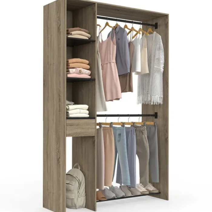 Dressing double penderie L. 110 cm avec étagères + tiroir + rangements à chaussures hêtre et noir