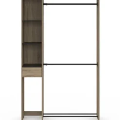 Dressing double penderie L. 110 cm avec étagères + tiroir + rangements à chaussures hêtre et noir