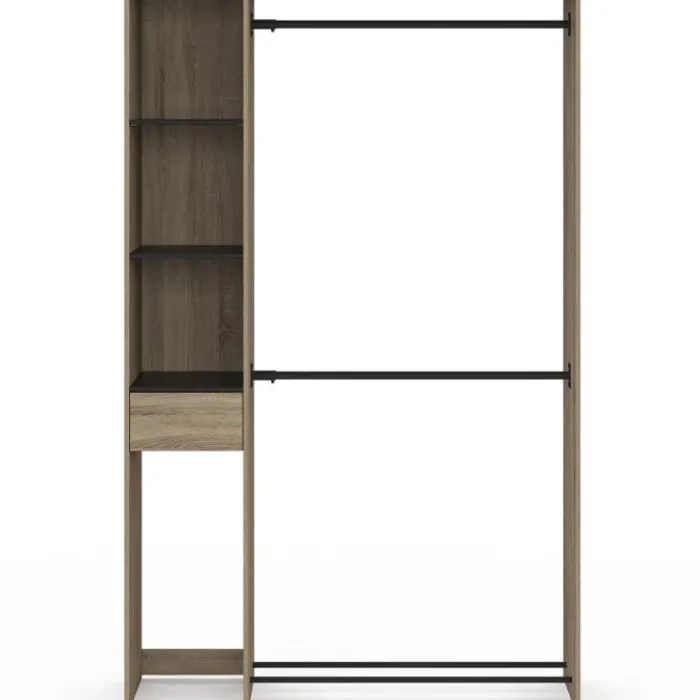 Dressing double penderie L. 110 cm avec étagères + tiroir + rangements à chaussures hêtre et noir