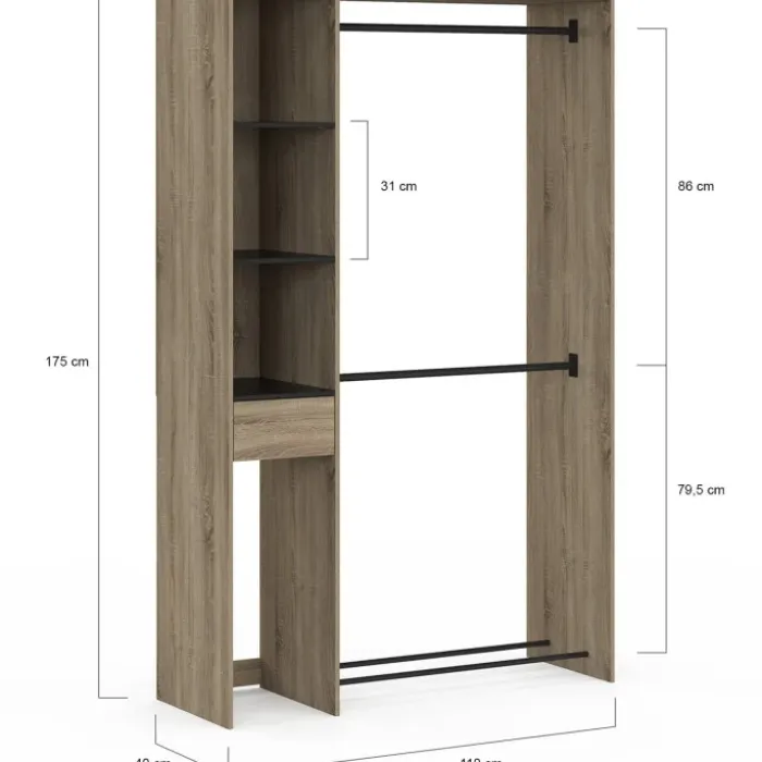 Dressing double penderie L. 110 cm avec étagères + tiroir + rangements à chaussures hêtre et noir