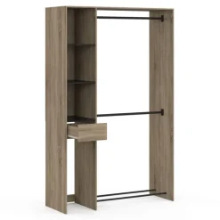 Dressing double penderie L. 110 cm avec étagères + tiroir + rangements à chaussures hêtre et noir