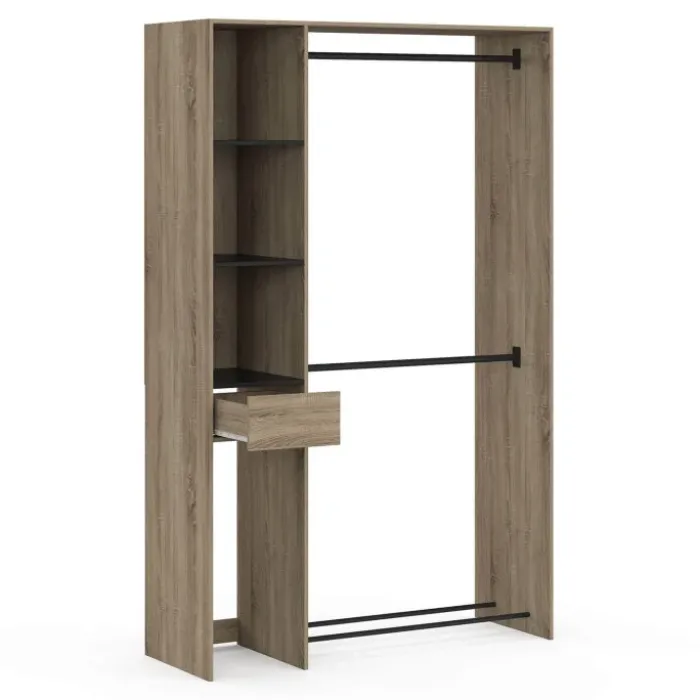 Dressing double penderie L. 110 cm avec étagères + tiroir + rangements à chaussures hêtre et noir