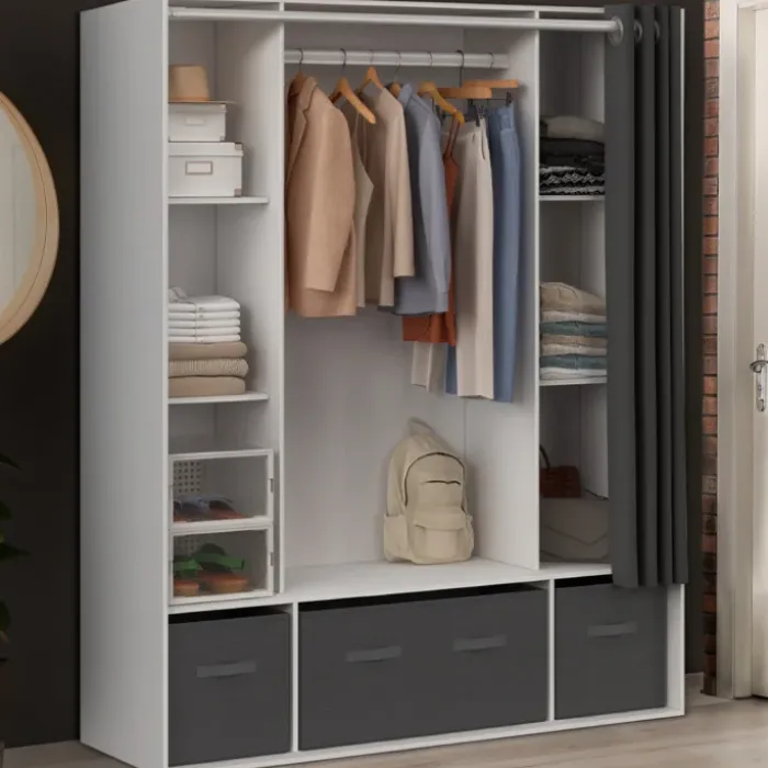 Dressing double penderie 140 x 45 x 167 cm blanc avec étagères + boites de rangement + rideau gris