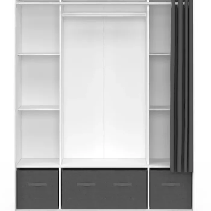 Dressing double penderie 140 x 45 x 167 cm blanc avec étagères + boites de rangement + rideau gris