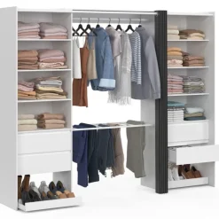 Dressing double XXL 220 cm avec porte pantalons + étagères + tiroirs + rangements à chaussures blanc et gris