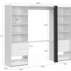 Dressing double XXL 220 cm avec porte pantalons + étagères + tiroirs + rangements à chaussures blanc et gris