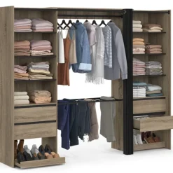 Dressing double XXL 220 cm hêtre avec 1 penderie, 1 porte-pantalon, 8 étagères, 6 tiroirs et rangements à chaussures