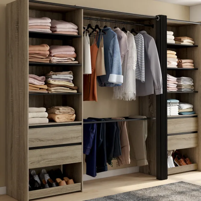 Dressing double XXL 220 cm hêtre avec 1 penderie, 1 porte-pantalon, 8 étagères, 6 tiroirs et rangements à chaussures