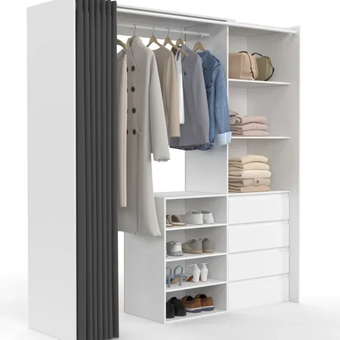 Dressing extensible 120/170 x 50 x 180 cm blanc avec 4 tiroirs + étagères + penderie + rideau gris