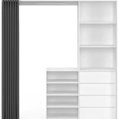 Dressing extensible 120/170 x 50 x 180 cm blanc avec 4 tiroirs + étagères + penderie + rideau gris