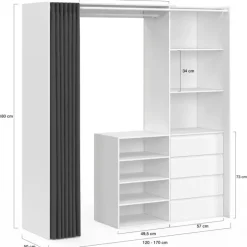 Dressing extensible 120/170 x 50 x 180 cm blanc avec 4 tiroirs + étagères + penderie + rideau gris