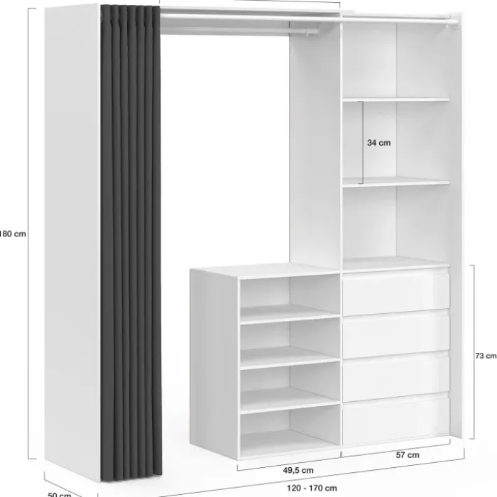 Dressing extensible 120/170 x 50 x 180 cm blanc avec 4 tiroirs + étagères + penderie + rideau gris