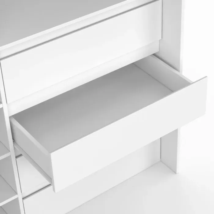Dressing extensible 120/170 x 50 x 180 cm blanc avec 4 tiroirs + étagères + penderie + rideau gris