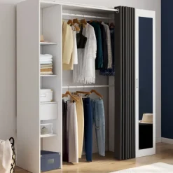Dressing extensible 145/170 x 50 x 180 cm blanc avec étagères + double penderie + miroir + rideau gris