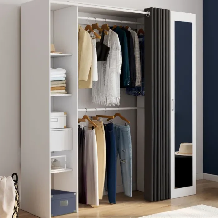 Dressing extensible 145/170 x 50 x 180 cm blanc avec étagères + double penderie + miroir + rideau gris