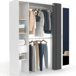 Dressing extensible 145/170 x 50 x 180 cm blanc avec étagères + double penderie + miroir + rideau gris