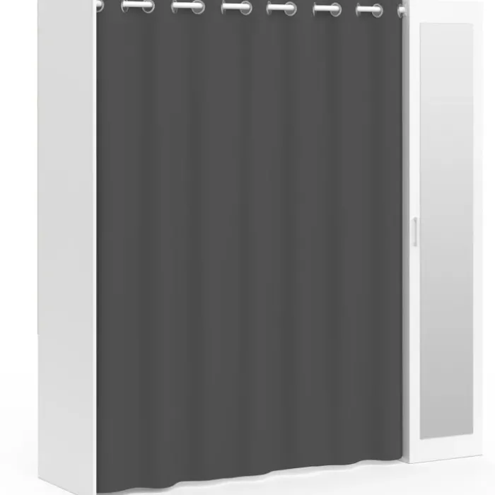 Dressing extensible 145/170 x 50 x 180 cm blanc avec étagères + double penderie + miroir + rideau gris