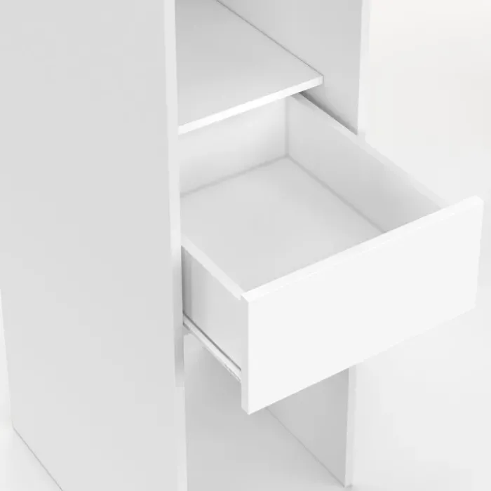 Dressing extensible 145/170 x 50 x 180 cm blanc avec étagères + double penderie + miroir + rideau gris