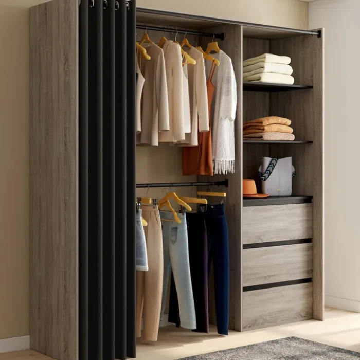 Dressing extensible 120/170 x 50 x 180 cm hêtre avec 3 tiroirs + étagères + double penderie + rideau noir