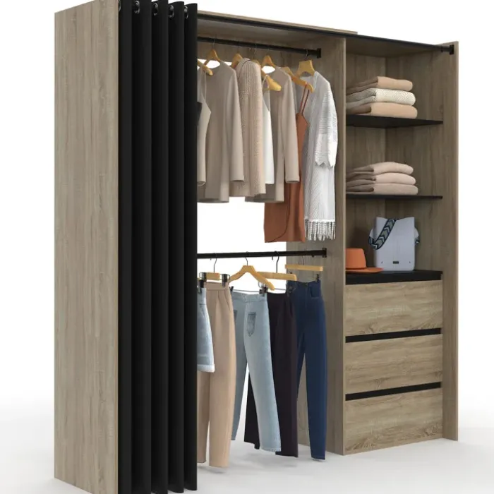 Dressing extensible 120/170 x 50 x 180 cm hêtre avec 3 tiroirs + étagères + double penderie + rideau noir