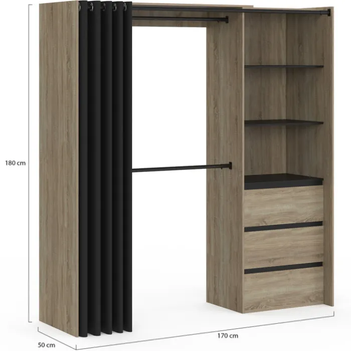 Dressing extensible 120/170 x 50 x 180 cm hêtre avec 3 tiroirs + étagères + double penderie + rideau noir