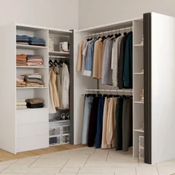 Dressing extensible d'angle 200 x 150 x 180 cm blanc avec penderies, tiroirs, étagères et rideaux gris