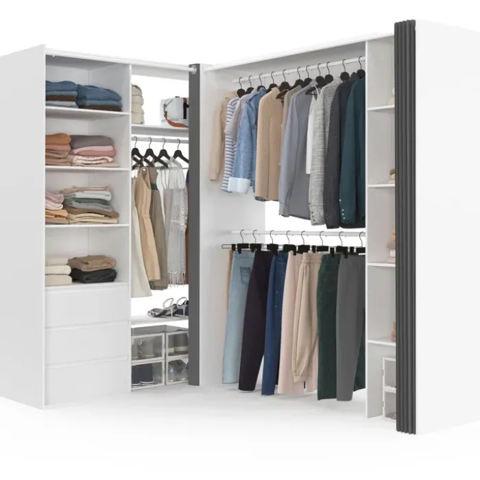 Dressing extensible d'angle 200 x 150 x 180 cm blanc avec penderies, tiroirs, étagères et rideaux gris