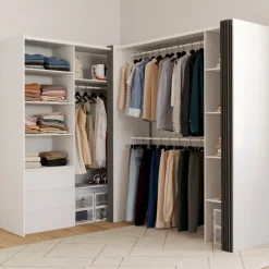 Dressing extensible d'angle 200 x 150 x 180 cm blanc avec penderies, tiroirs, étagères et rideaux gris