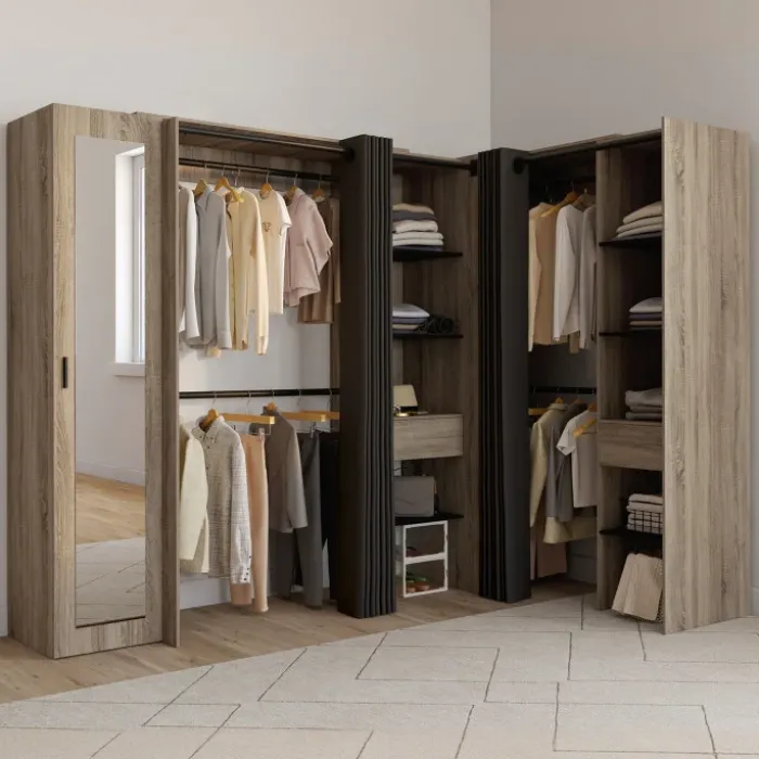 Dressing extensible d'angle 230 x 140 x 180 cm cm hêtre avec penderies + étagères + miroir + rideaux noirs