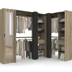 Dressing extensible d'angle 230 x 140 x 180 cm cm hêtre avec penderies + étagères + miroir + rideaux noirs