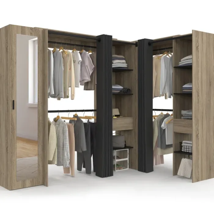 Dressing extensible d'angle 230 x 140 x 180 cm cm hêtre avec penderies + étagères + miroir + rideaux noirs