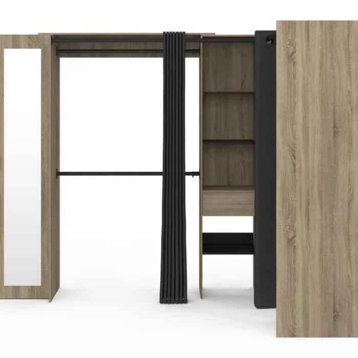Dressing extensible d'angle 230 x 140 x 180 cm cm hêtre avec penderies + étagères + miroir + rideaux noirs