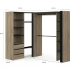 Dressing extensible d'angle 200 x 150 x 180 cm hêtre avec penderies + tiroirs + étagères + rideaux noirs