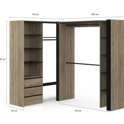 Dressing extensible d'angle 200 x 150 x 180 cm hêtre avec penderies + tiroirs + étagères + rideaux noirs