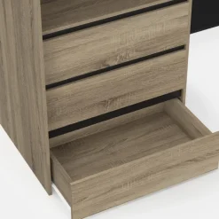 Dressing extensible d'angle 200 x 150 x 180 cm hêtre avec penderies + tiroirs + étagères + rideaux noirs