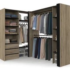 Dressing extensible d'angle 200 x 150 x 180 cm hêtre avec penderies + tiroirs + étagères + rideaux noirs