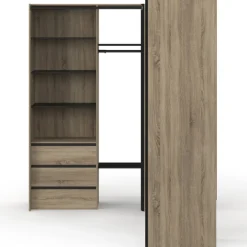 Dressing extensible d'angle 200 x 150 x 180 cm hêtre avec penderies + tiroirs + étagères + rideaux noirs