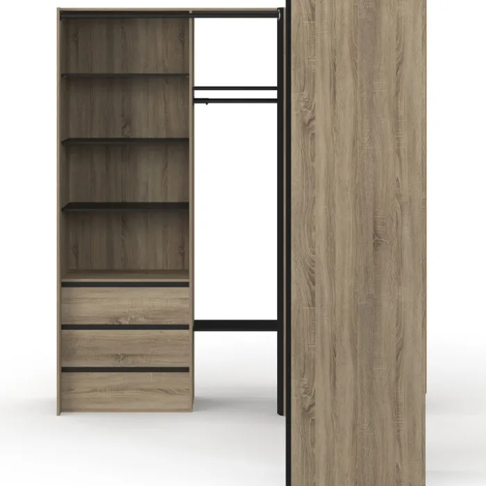 Dressing extensible d'angle 200 x 150 x 180 cm hêtre avec penderies + tiroirs + étagères + rideaux noirs