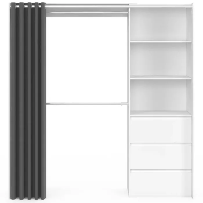 Dressing extensible de 120/170 x 50 x 180 cm blanc avec 3 tiroirs, des étagères et 2 penderies